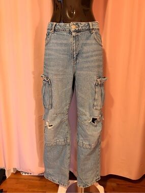 Garage Light Blue Distressed Cargo Boyfriend Jeans